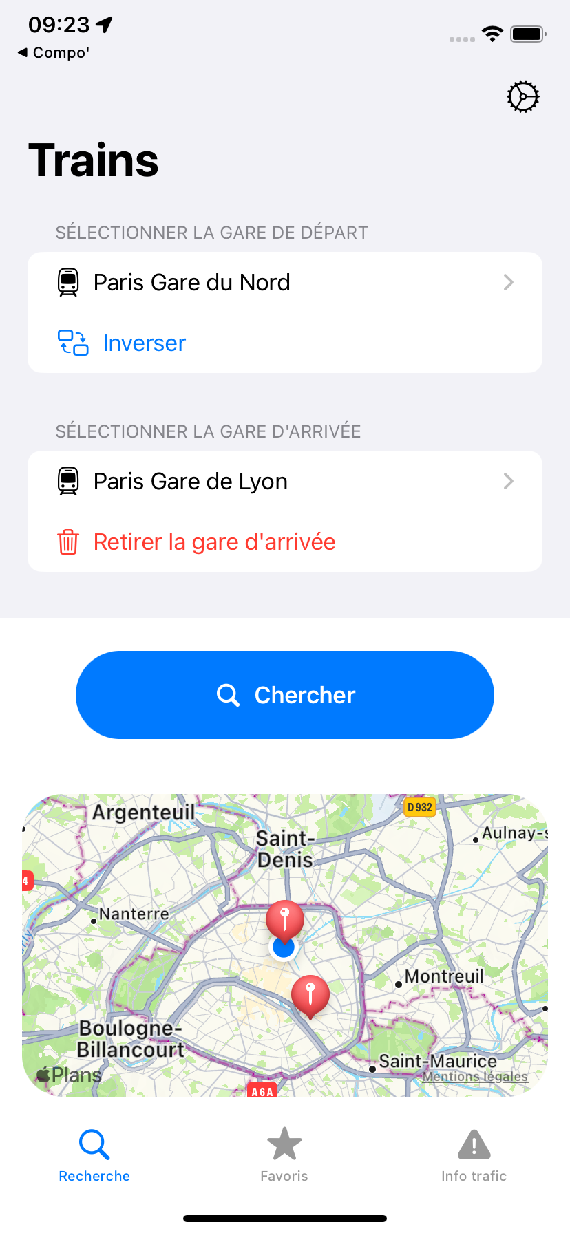 Capture d'écran de la page d'Accueil de l'application ProchainTrain